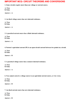 IMPORTANT MCQ CIRCUIT THEOREMS AND CONVERSIONS